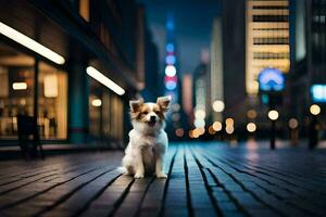 a dog sitting on a wooden floor in a city at night. AI-Generated photo