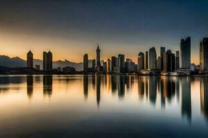 el ciudad horizonte a puesta de sol en Dubái generado por ai foto