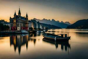a boat sits on the water in front of a church. AI-Generated photo