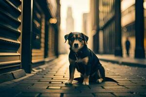 a dog sitting on the street in an alley. AI-Generated photo