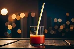 a glass of juice with a straw on a table. AI-Generated photo