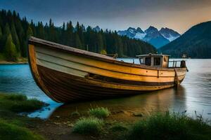 un barco se sienta en el apuntalar de un lago a puesta de sol. generado por ai foto