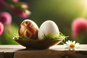 easter eggs in a basket on a wooden table. AI-Generated photo