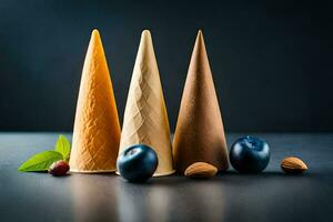 three ice cream cones with blueberries and almonds. AI-Generated photo