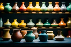 colorful vases on a shelf in a shop. AI-Generated photo