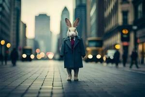 a rabbit dressed in a suit and tie stands in the middle of a city street. AI-Generated photo