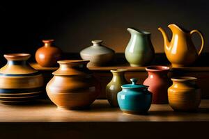 a collection of colorful vases on a table. AI-Generated photo