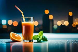 a glass of orange juice with a straw and mint. AI-Generated photo