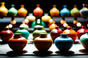 many colorful vases are lined up on a table. AI-Generated photo