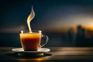 un taza de café en un mesa con un ciudad en el antecedentes. generado por ai foto