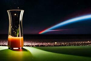 a glass of orange juice sitting on a table with a rainbow in the background. AI-Generated photo
