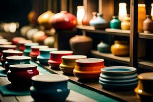 colorful vases on a shelf in a room. AI-Generated photo