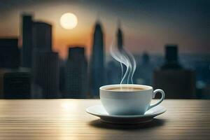 a cup of coffee on a table in front of a cityscape. AI-Generated photo