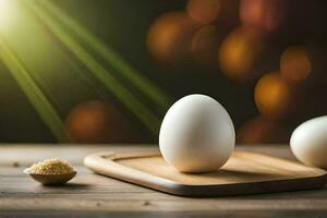 eggs on a cutting board with a light behind. AI-Generated photo