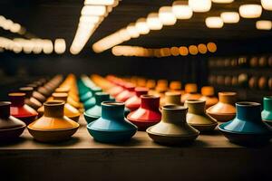 a row of colorful vases on a table. AI-Generated photo