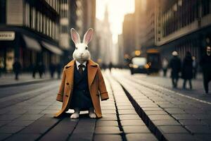 un Conejo vistiendo un traje y Corbata se sienta en el calle. generado por ai foto