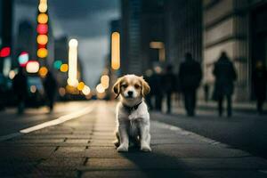 a puppy is standing on the street in front of a city. AI-Generated photo