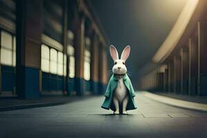 a rabbit in a coat stands in an empty hallway. AI-Generated photo