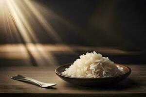 a bowl of rice on a table with a spoon. AI-Generated photo