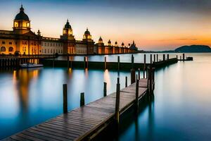 a pier with a building in the background. AI-Generated photo