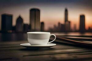 a coffee cup sits on a table in front of a city skyline. AI-Generated photo