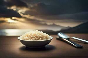 a bowl of rice and a fork on a table with a sunset in the background. AI-Generated photo