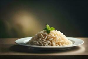 a plate of rice with mint leaves on top. AI-Generated photo