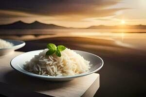 el arroz es servido en un de madera mesa con un ver de el mar. generado por ai foto