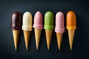 a row of ice cream cones with different colored ice cream. AI-Generated photo