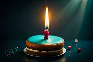 a birthday cake with a single candle. AI-Generated photo