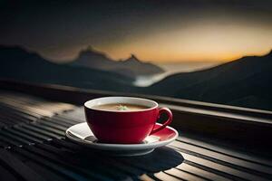a cup of coffee on a terrace overlooking the mountains. AI-Generated photo