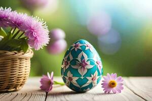 el Pascua de Resurrección huevo es decorado con púrpura flores generado por ai foto