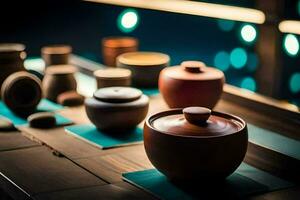 a table with several pots and bowls on it. AI-Generated photo