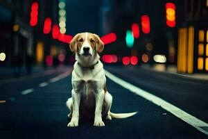 a dog sitting on the street at night. AI-Generated photo