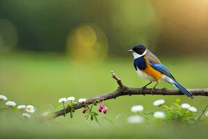 photo wallpaper the sky, bird, flowers, spring, the sun, nature, birds, flowers. AI-Generated