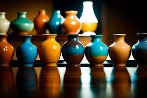 a row of colorful vases sit on a table. AI-Generated photo