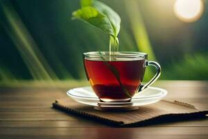 a cup of tea with a leaf. AI-Generated photo