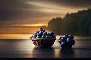 grapes in a basket on a table with a sunset in the background. AI-Generated photo