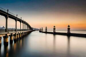 a long exposure photograph of a pier at sunset. AI-Generated photo