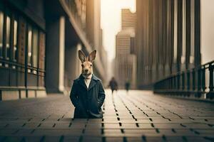 un Conejo en un traje y Corbata en pie en un calle. generado por ai foto