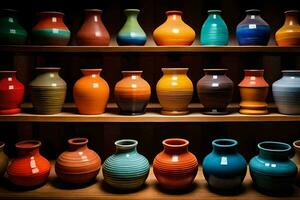 a shelf full of colorful vases on a wooden shelf. AI-Generated photo