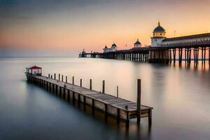 un muelle con un largo muelle y un faro a puesta de sol. generado por ai foto