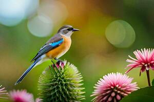 un pájaro es encaramado en un flor provenir. generado por ai foto