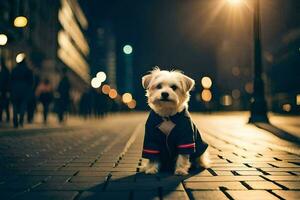 a small white dog sitting on the ground at night. AI-Generated photo