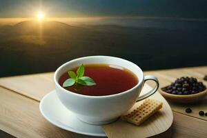 a cup of tea on a wooden table with a view of the mountains. AI-Generated photo