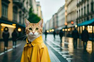 un gato vistiendo un amarillo impermeable en un ciudad calle. generado por ai foto