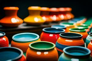 colorful pots and vases are lined up in a row. AI-Generated photo