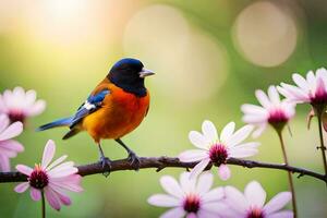a colorful bird sits on a branch with pink flowers. AI-Generated photo