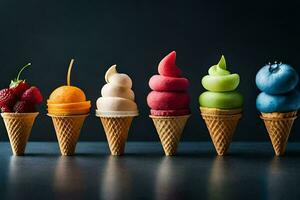 a row of ice cream cones with different colored toppings. AI-Generated photo