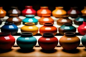 a row of colorful vases on a table. AI-Generated photo